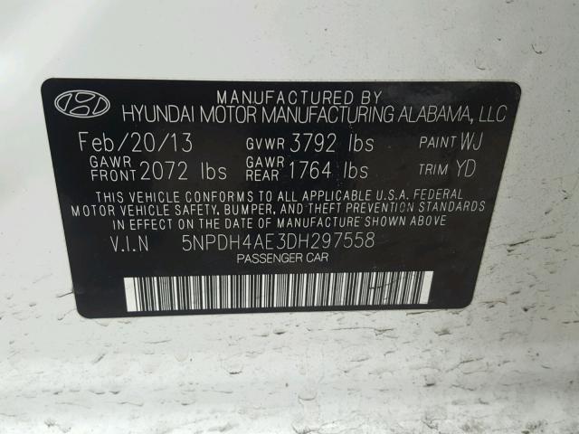 5NPDH4AE3DH297558 - 2013 HYUNDAI ELANTRA GL WHITE photo 10