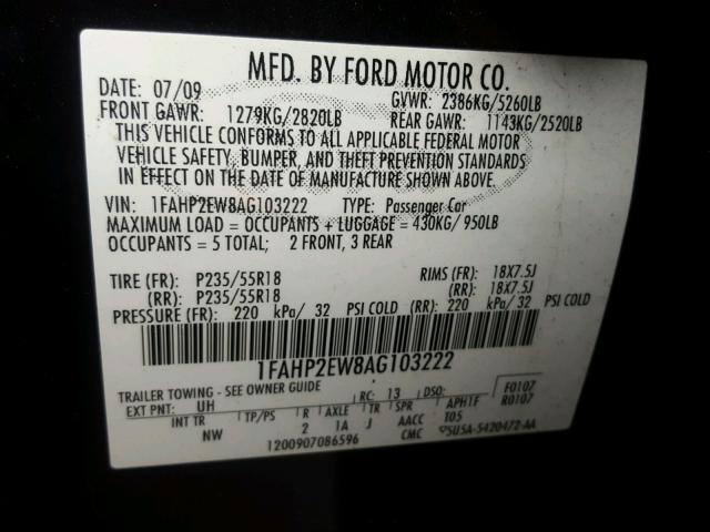 1FAHP2EW8AG103222 - 2010 FORD TAURUS SEL BLACK photo 10