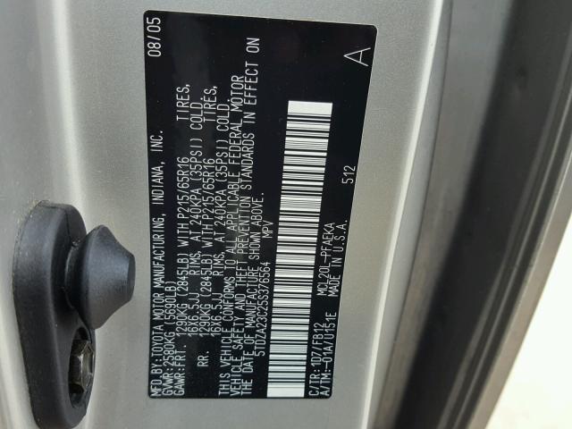 5TDZA23C25S376564 - 2005 TOYOTA SIENNA CE SILVER photo 10