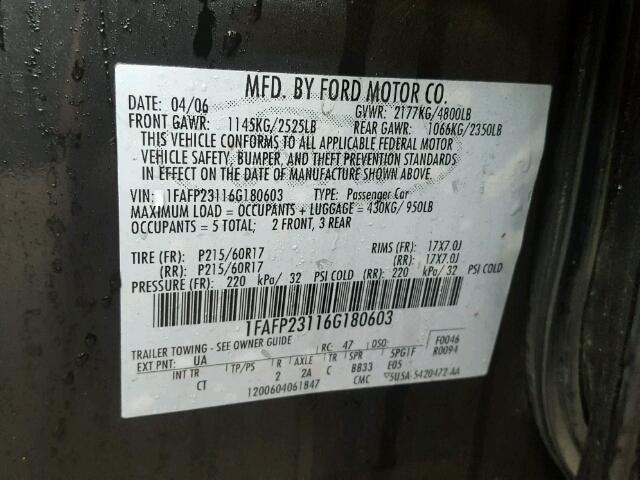 1FAFP23116G180603 - 2006 FORD FIVE HUNDR BLACK photo 10