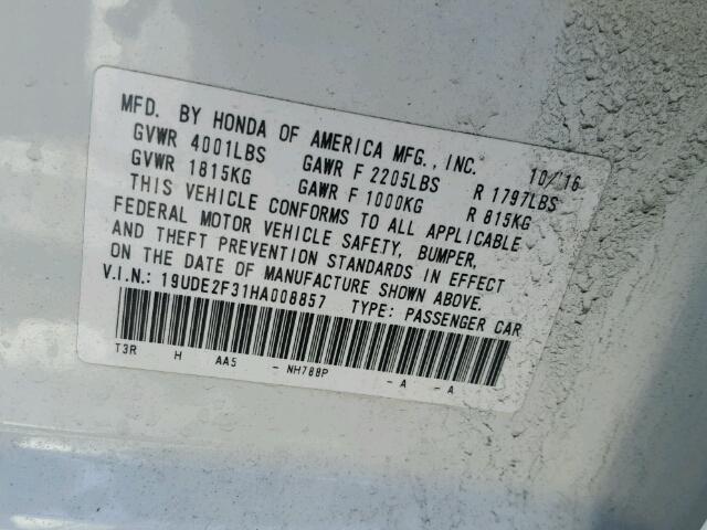 19UDE2F31HA008857 - 2017 ACURA ILX BASE WHITE photo 10