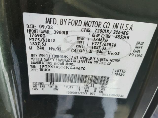 1FTPX14514NA44670 - 2004 FORD F150 GREEN photo 10