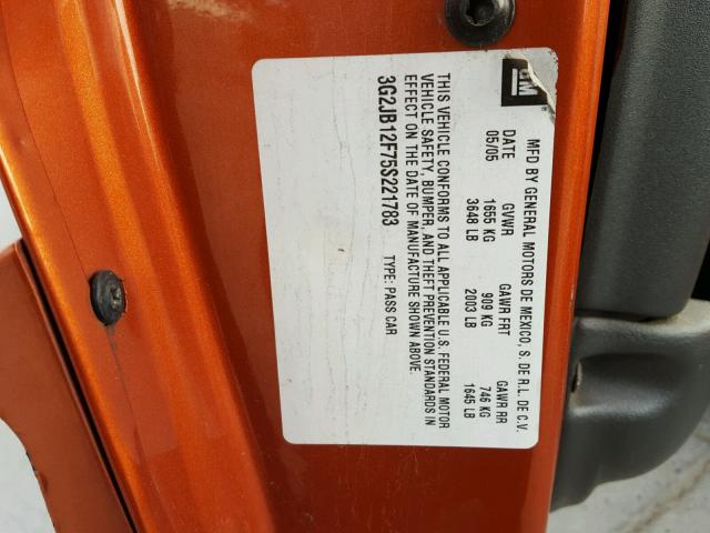 3G2JB12F75S221783 - 2005 PONTIAC SUNFIRE ORANGE photo 10