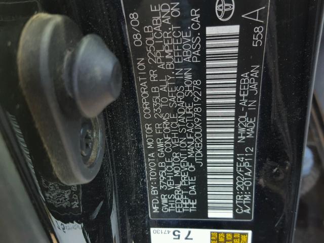 JTDKB20UX97819278 - 2009 TOYOTA PRIUS BLACK photo 10