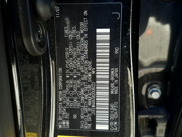 JTEEW44A382008023 - 2008 TOYOTA HIGHLANDER BLACK photo 10