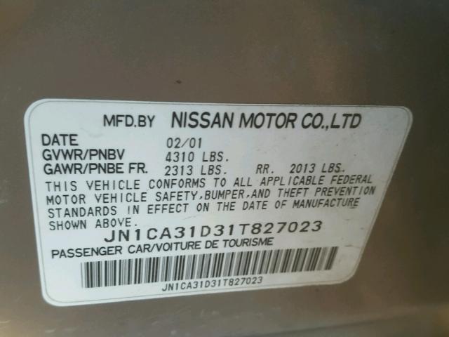 JN1CA31D31T827023 - 2001 NISSAN MAXIMA GXE GRAY photo 10