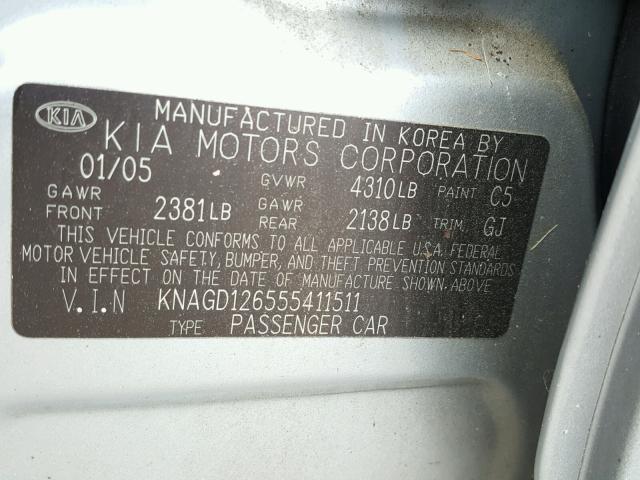 KNAGD126555411511 - 2005 KIA OPTIMA LX SILVER photo 10