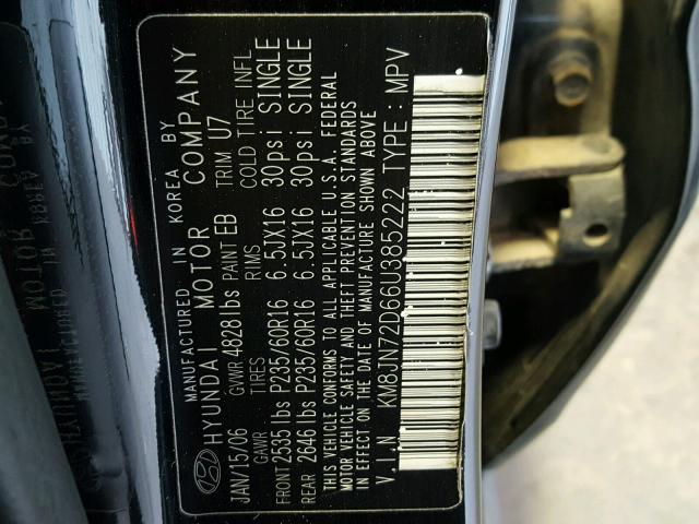 KM8JN72D66U385222 - 2006 HYUNDAI TUCSON GLS BLACK photo 10