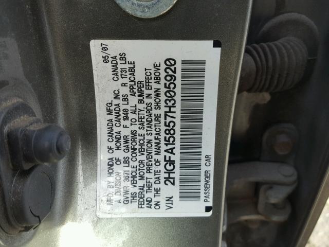 2HGFA15857H305920 - 2007 HONDA CIVIC EX GRAY photo 10