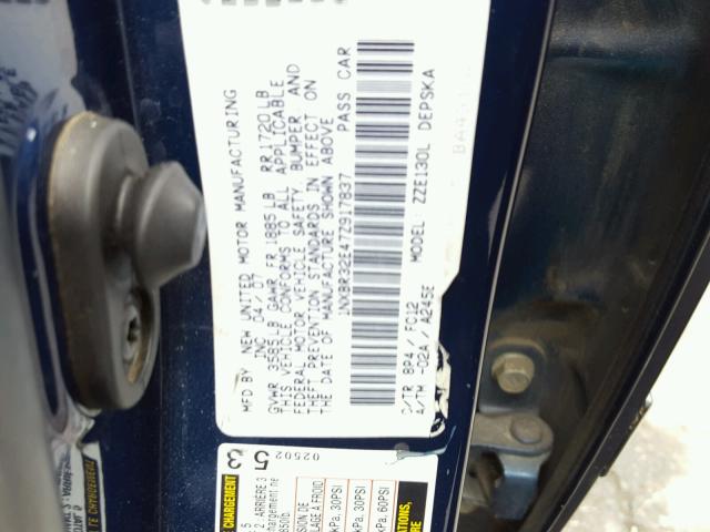 1NXBR32E47Z917837 - 2007 TOYOTA COROLLA CE BLUE photo 10