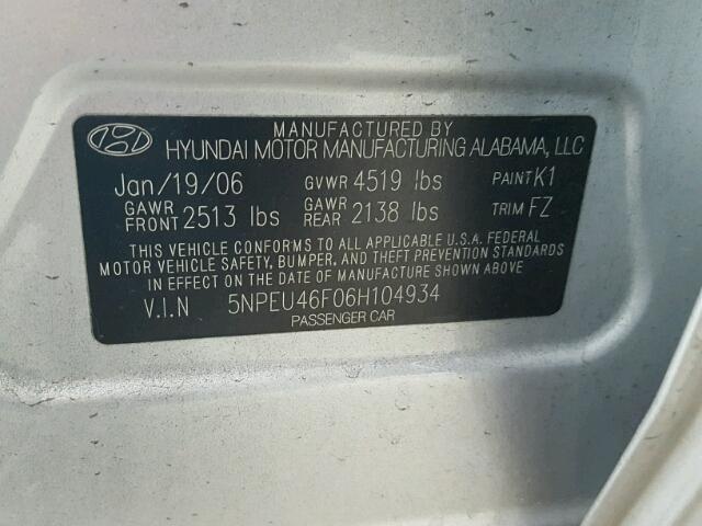 5NPEU46F06H104934 - 2006 HYUNDAI SONATA GLS SILVER photo 10