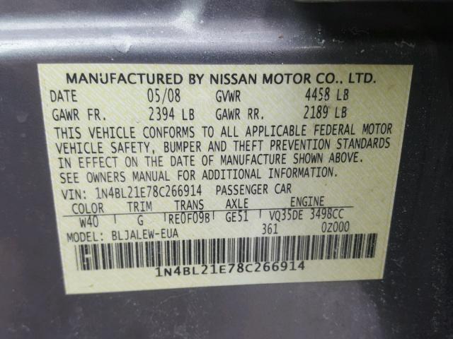 1N4BL21E78C266914 - 2008 NISSAN ALTIMA 3.5 GRAY photo 10