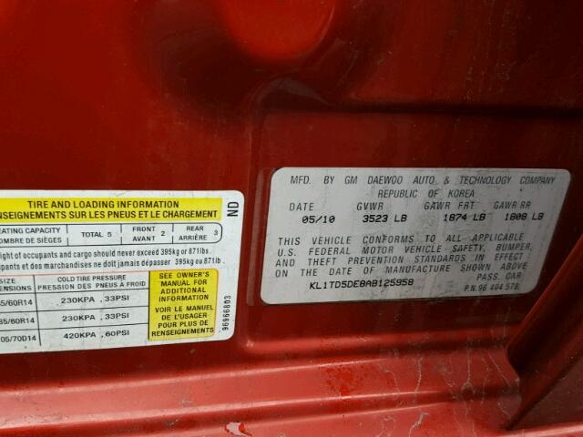 KL1TD5DE8AB125958 - 2010 CHEVROLET AVEO LS RED photo 10