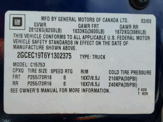 2GCEC19T6Y1302375 - 2000 CHEVROLET SILVERADO BLUE photo 10