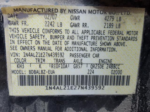 1N4AL21E27N439592 - 2007 NISSAN ALTIMA 2.5 BLACK photo 10