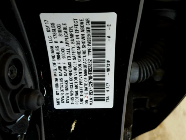 19XFC2F70HE052832 - 2017 HONDA CIVIC EX BLACK photo 10