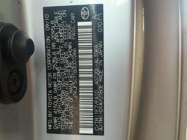 JTKJF5C71B3007266 - 2011 TOYOTA SCION TC 银色 照片 10