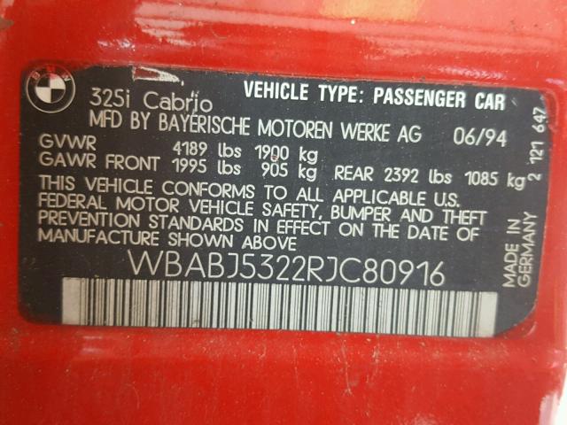 WBABJ5322RJC80916 - 1994 BMW 325 IC RED photo 10