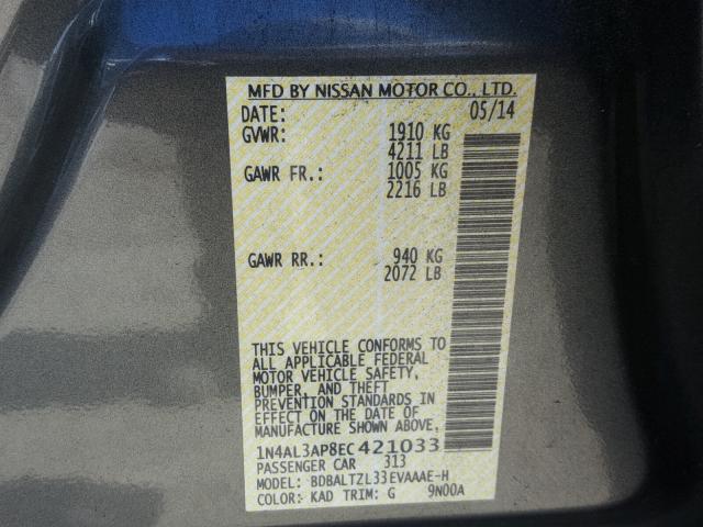 1N4AL3AP8EC421033 - 2014 NISSAN ALTIMA 2.5 CHARCOAL photo 10