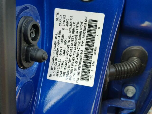 2HGFC2F50GH553643 - 2016 HONDA CIVIC LX BLUE photo 10