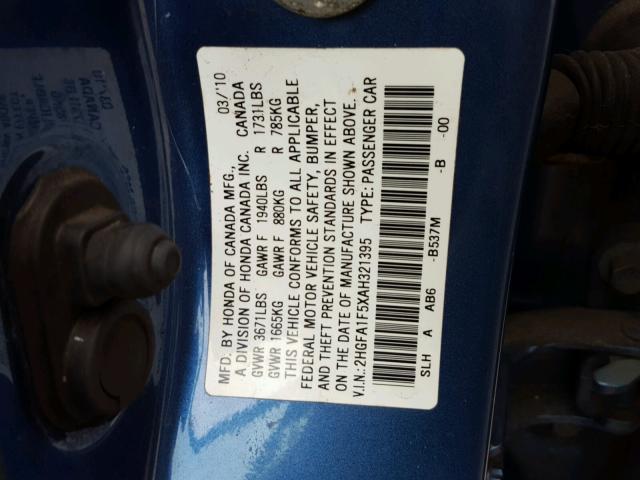 2HGFA1F5XAH321395 - 2010 HONDA CIVIC LX BLUE photo 10