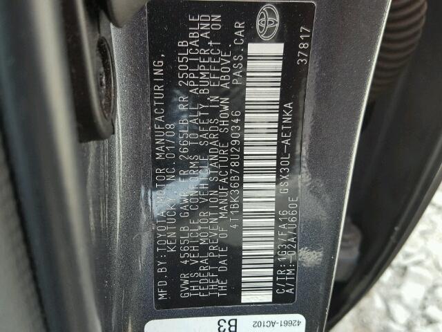 4T1BK36B78U290346 - 2008 TOYOTA AVALON XL GRAY photo 10