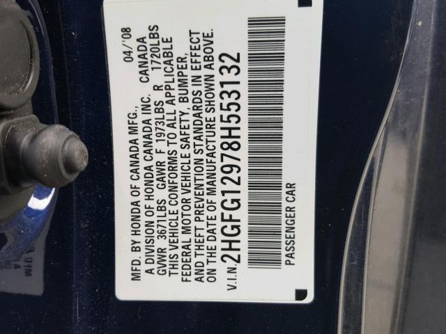 2HGFG12978H553132 - 2008 HONDA CIVIC EXL BLUE photo 10