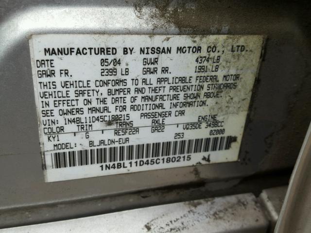 1N4BL11D45C180215 - 2005 NISSAN ALTIMA SE SILVER photo 10