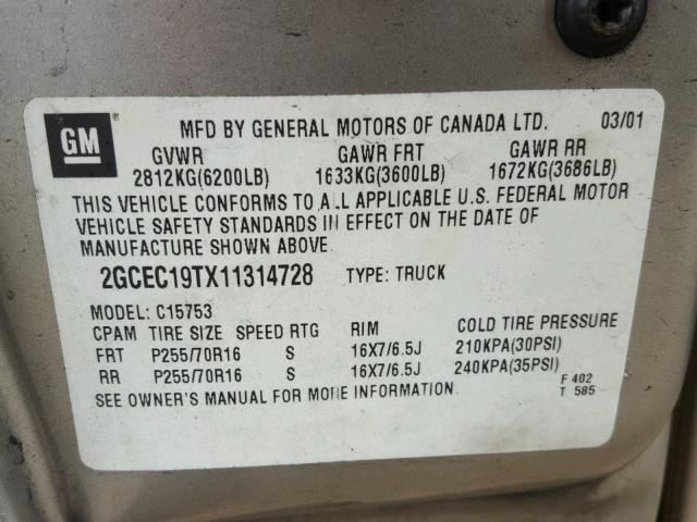 2GCEC19TX11314728 - 2001 CHEVROLET SILVERADO TAN photo 10