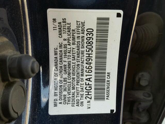 2HGFA16649H508930 - 2009 HONDA CIVIC BLUE photo 10