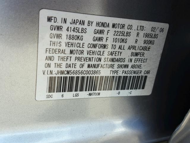 JHMCM56856C003865 - 2006 HONDA ACCORD EX SILVER photo 10