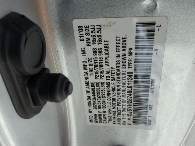 5J6YH28748L011340 - 2008 HONDA ELEMENT EX SILVER photo 10