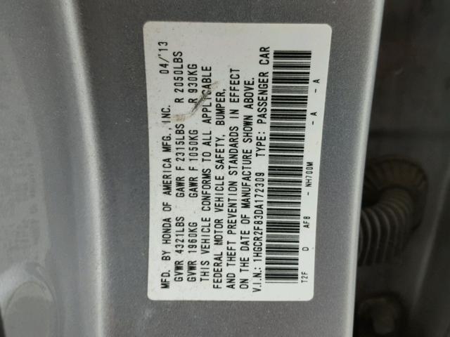 1HGCR2F83DA172309 - 2013 HONDA ACCORD EXL SILVER photo 10