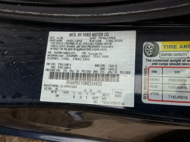 3FAHP07108R254435 - 2008 FORD FUSION SE BLUE photo 10