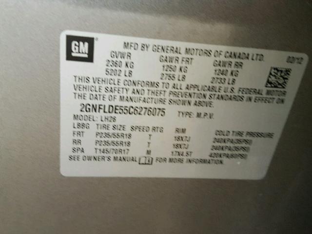 2GNFLDE55C6276075 - 2012 CHEVROLET EQUINOX LT GRAY photo 10