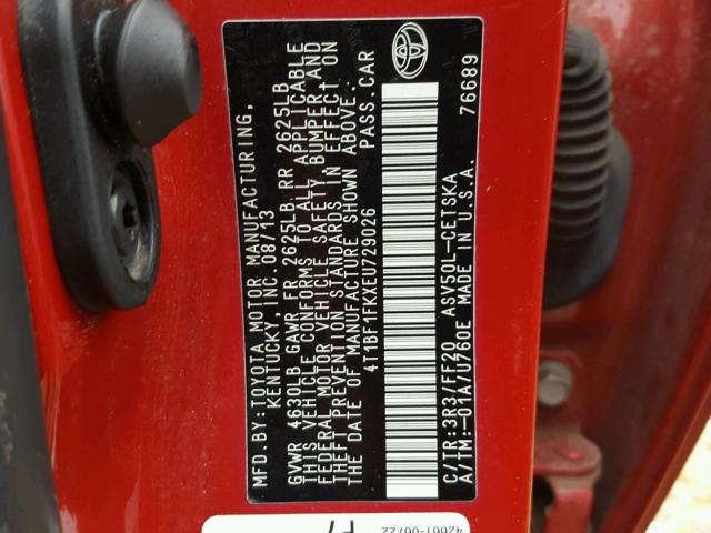 4T1BF1FKXEU729026 - 2014 TOYOTA CAMRY L RED photo 10