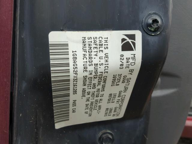 1G8AG52FX3Z161285 - 2003 SATURN ION LEVEL BURGUNDY photo 10