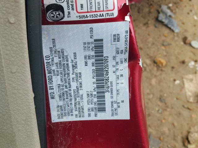3FAFP08Z46R207093 - 2006 FORD FUSION SEL RED photo 10