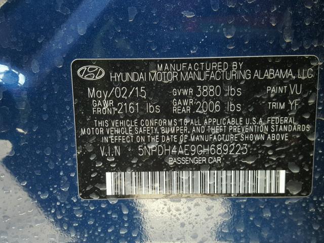 5NPDH4AE9GH689223 - 2016 HYUNDAI ELANTRA SE BLUE photo 10