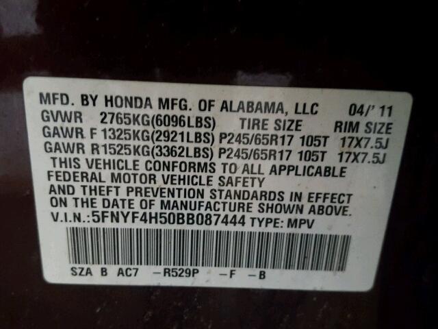 5FNYF4H50BB087444 - 2011 HONDA PILOT EXL BROWN photo 10