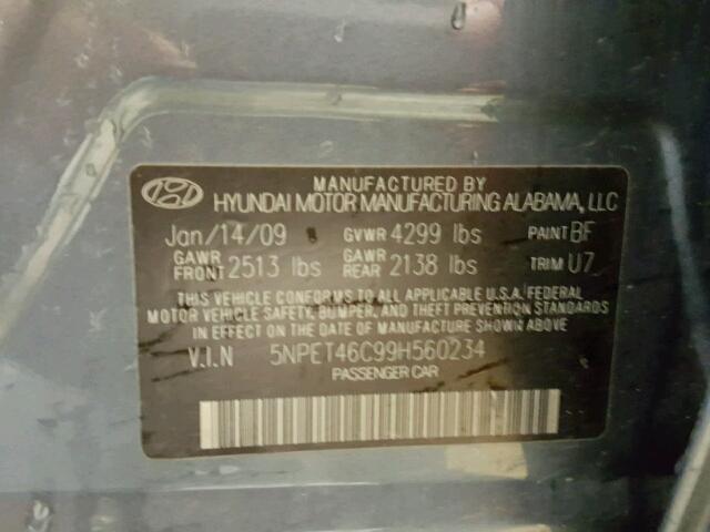 5NPET46C99H560234 - 2009 HYUNDAI SONATA GLS GRAY photo 10