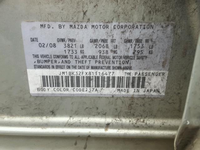 JM1BK32FX81116477 - 2008 MAZDA 3 I GREEN photo 10