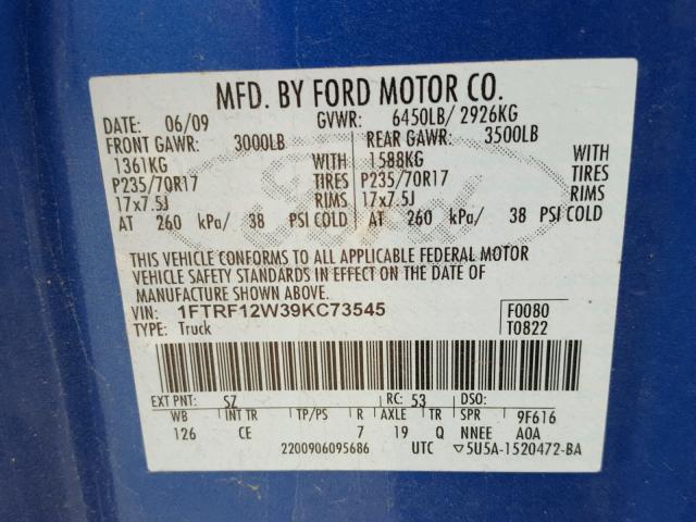 1FTRF12W39KC73545 - 2009 FORD F150 BLUE photo 10