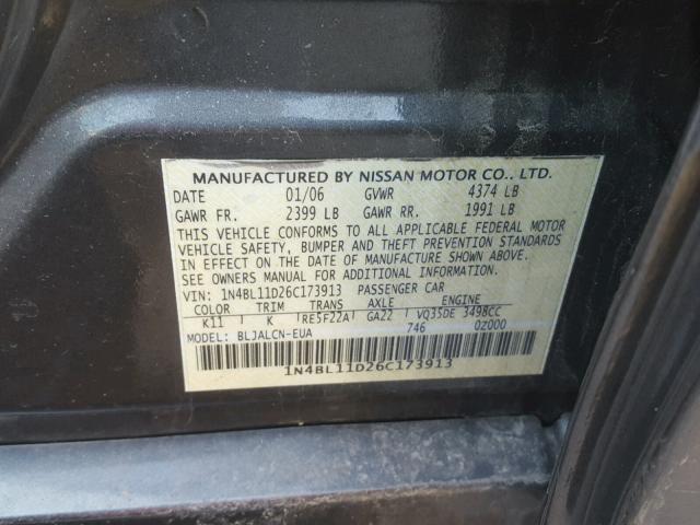 1N4BL11D26C173913 - 2006 NISSAN ALTIMA SE GRAY photo 10