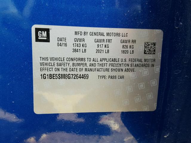 1G1BE5SM8G7264469 - 2016 CHEVROLET CRUZE LT BLUE photo 10