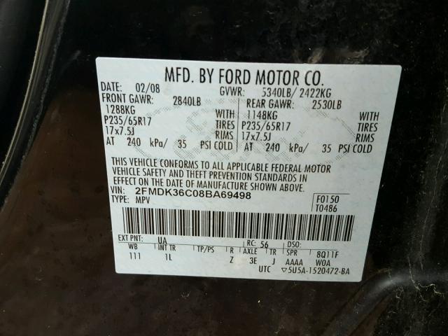 2FMDK36C08BA69498 - 2008 FORD EDGE SE BLACK photo 10