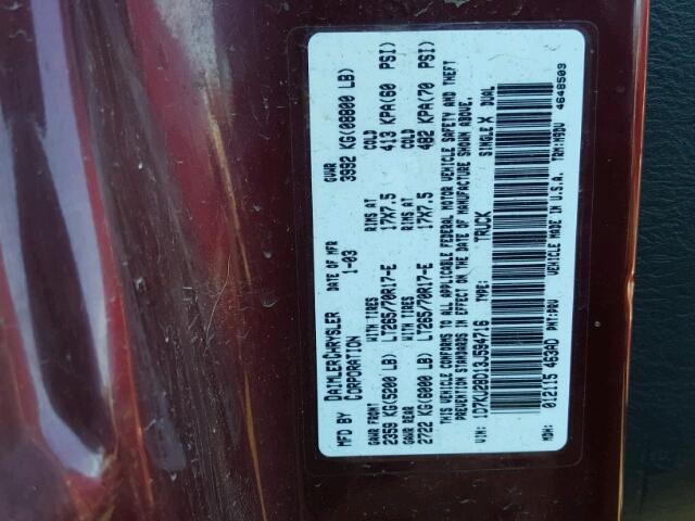 1D7KU28D13J594716 - 2003 DODGE RAM 2500 S RED photo 10