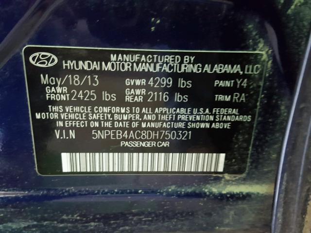 5NPEB4AC8DH750321 - 2013 HYUNDAI SONATA GLS BLUE photo 10