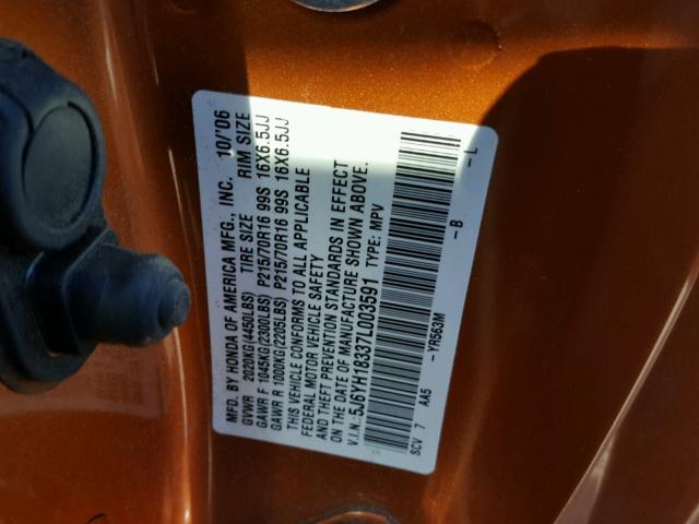 5J6YH18337L003591 - 2007 HONDA ELEMENT LX ORANGE photo 10