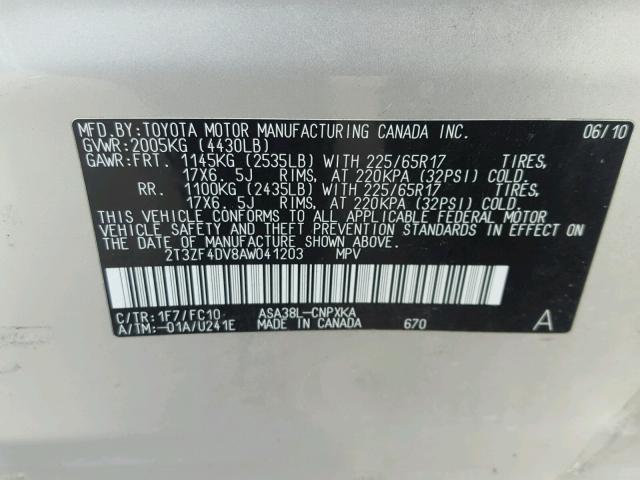 2T3ZF4DV8AW041203 - 2010 TOYOTA RAV4 SILVER photo 10